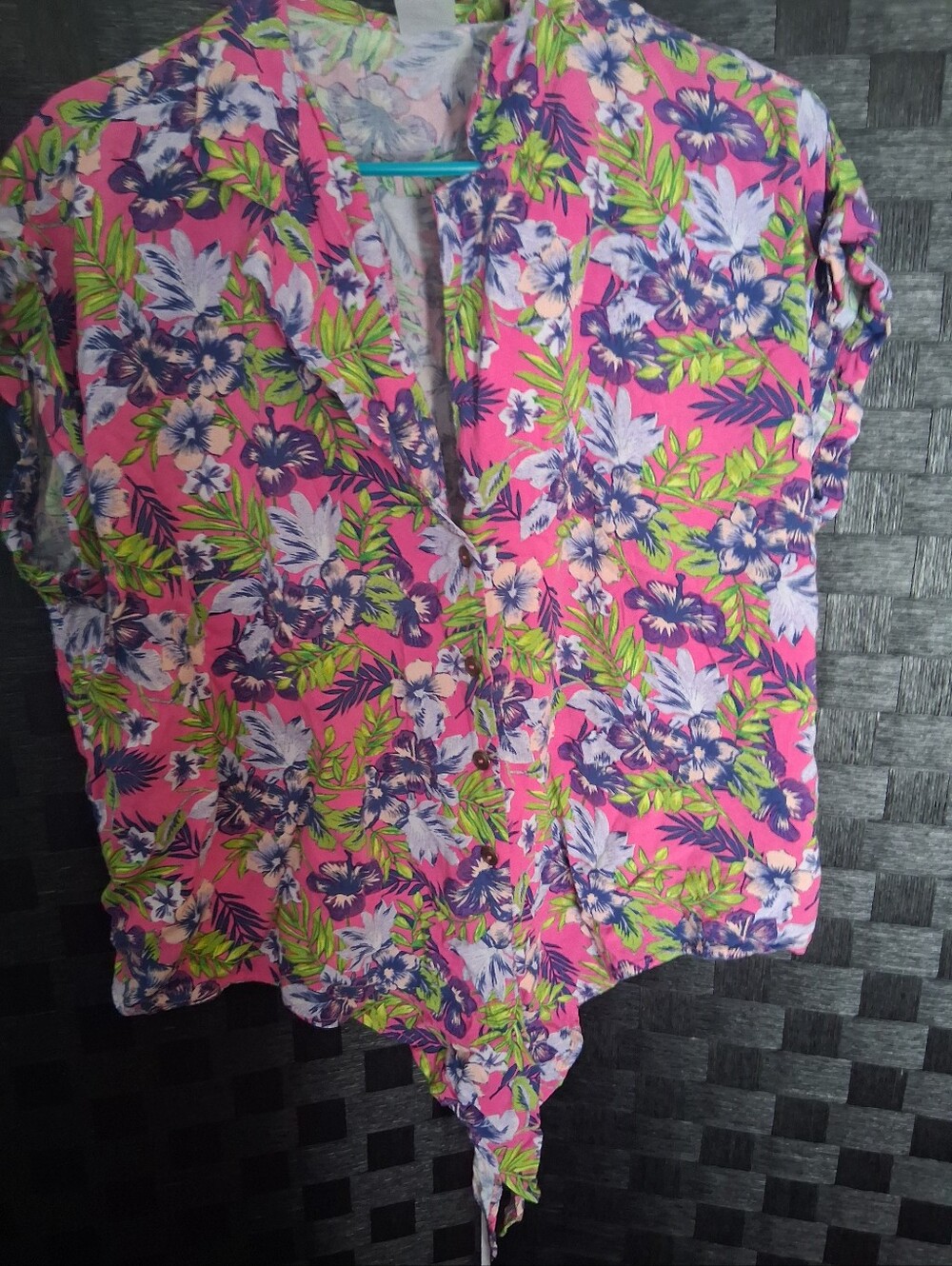 No Boundaries Pink Floral Tie-Front Button Down Shirt